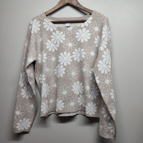 Rachel Zoe Sweaters - Rachel Zoe Sweater Women L Tan White Floral Retro Hippie Spring Casual Feminine